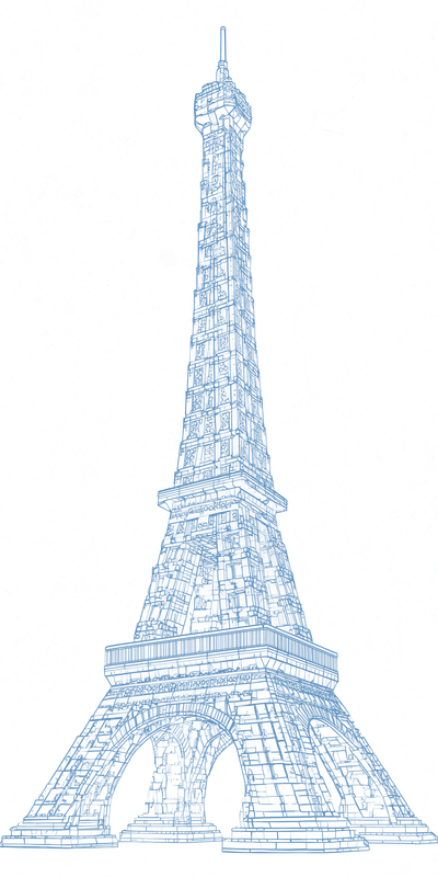Blueprint-style line illustration of the Eiffel Tower